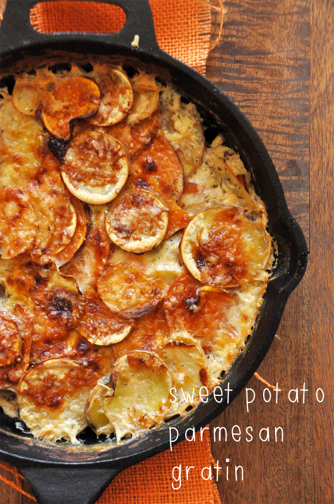 Cast-iron skillet filled with Sweet Potato Parmesan Gratin for our Thanksgiving recipe roundup