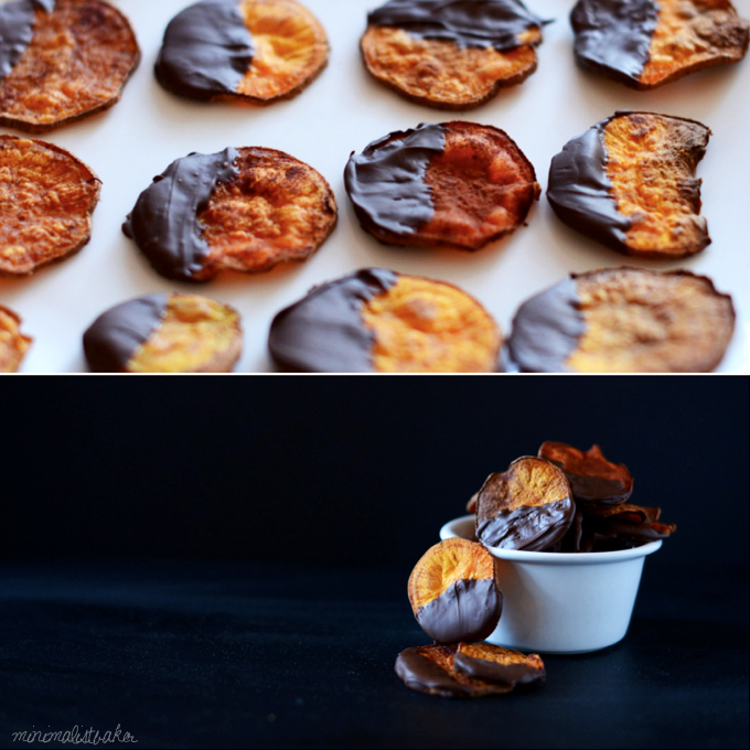 Batch of our Dark Chocolate Sweet Potato Chips on light and dark backgrounds