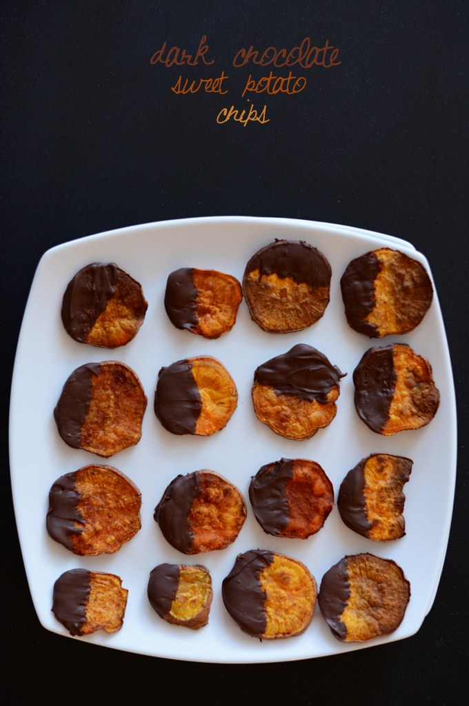 Plate of Dark Chocolate Sweet Potato Chips for a healthy snack