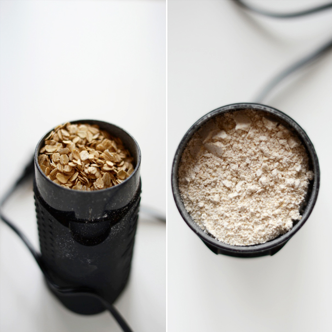 Coffee grinder filled with oats to show how to make oat flour