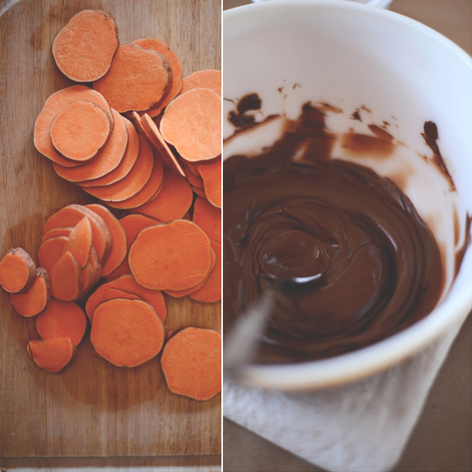 Sliced sweet potato and melted chocolate for making a simple and healthy dessert