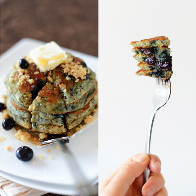 Grabbing a bite of Vegan Blueberry Muffin Pancakes on a fork