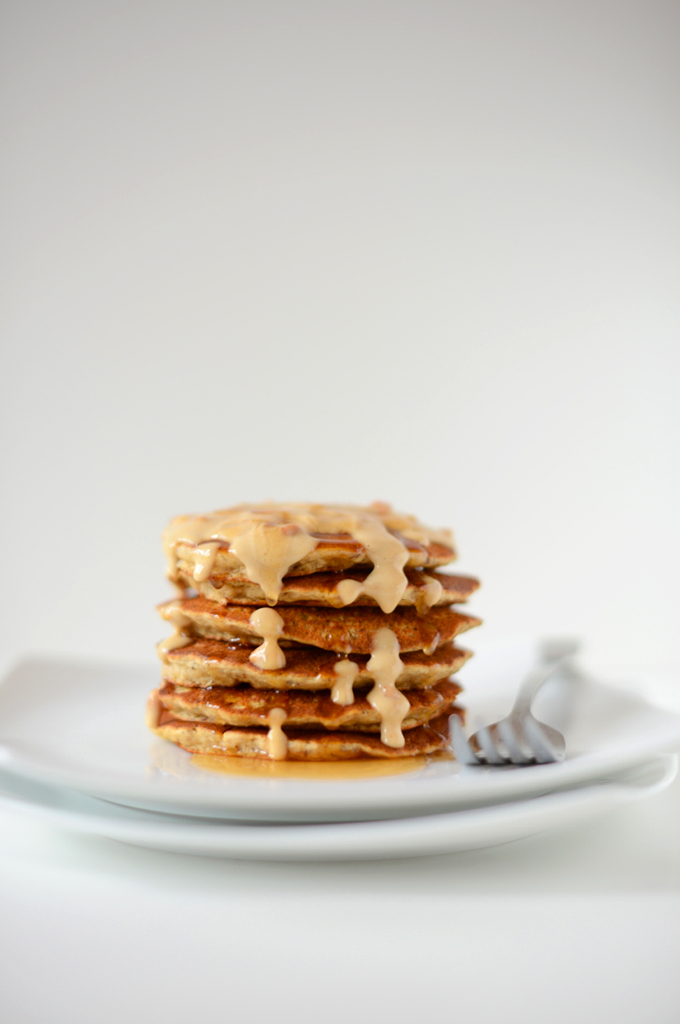 Stack of Vegan Peanut Butter & Flaxseed Pancakes made with oat flour
