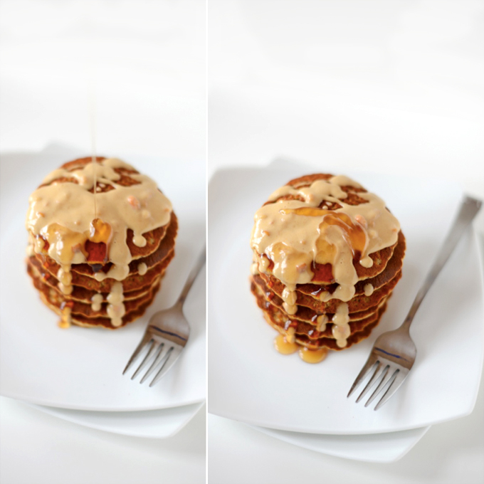 Drizzling syrup onto a stack of Vegan Peanut Butter Pancakes
