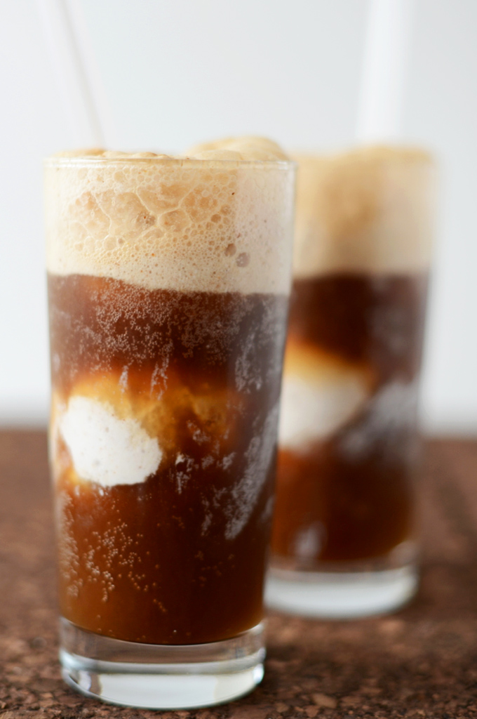 Tall glasses of our Vodka Coconut Ice Cream Root Beer Floats for an incredible vegan dessert