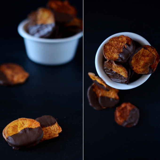 Bowls of Dark Chocolate Baked Sweet Potato Chips for a healthy movie night snack