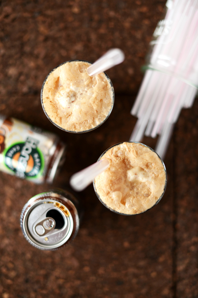 Cans of natural root beer and glasses of our delicious Vodka Root Beer Floats recipe