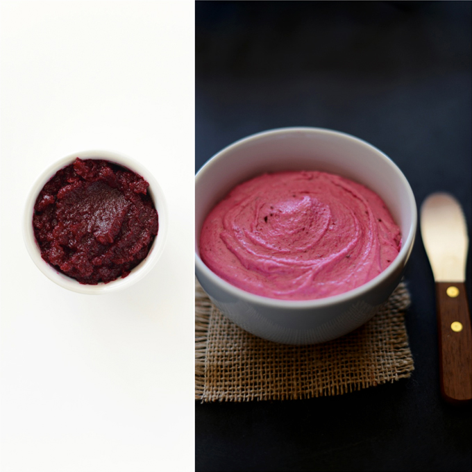 Beet puree and bowl of Beet Buttercream Frosting
