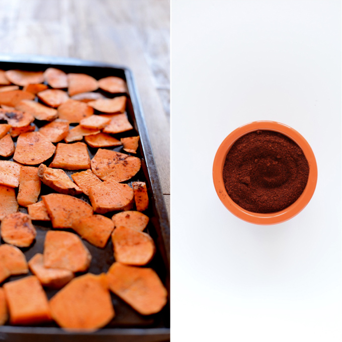 Baking sheet with sweet potatoes coated in chipotle seasoning