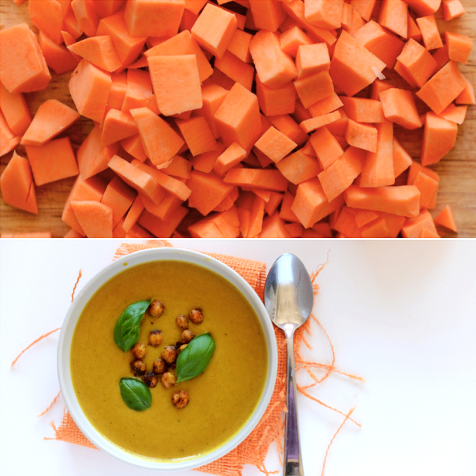 Chopped sweet potatoes and bowl of soup made with them