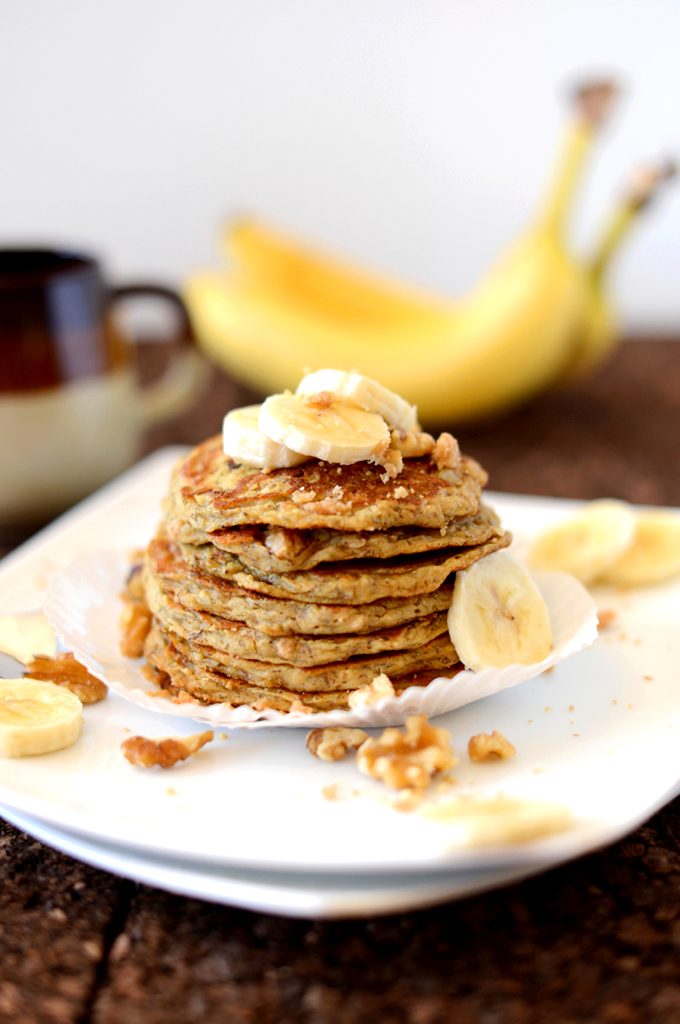 Tall stack of our Vegan Banana Nut Muffin Pancakes recipe
