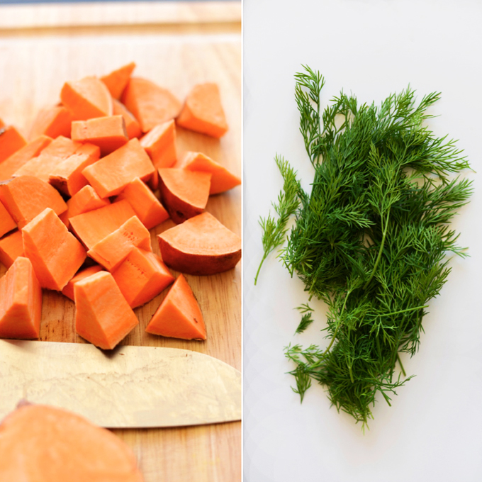 Cubed sweet potato and fresh dill for making a delicious vegan salad