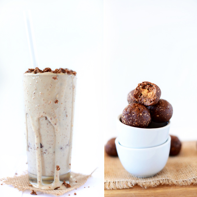 Glass of our gluten-free vegan Cookie Dough Blizzard recipe and bowl of cookie dough bites