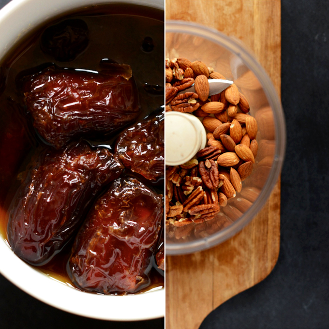 Bowl of dates and food processor of nuts for making Boozy Pecan Pie Bars