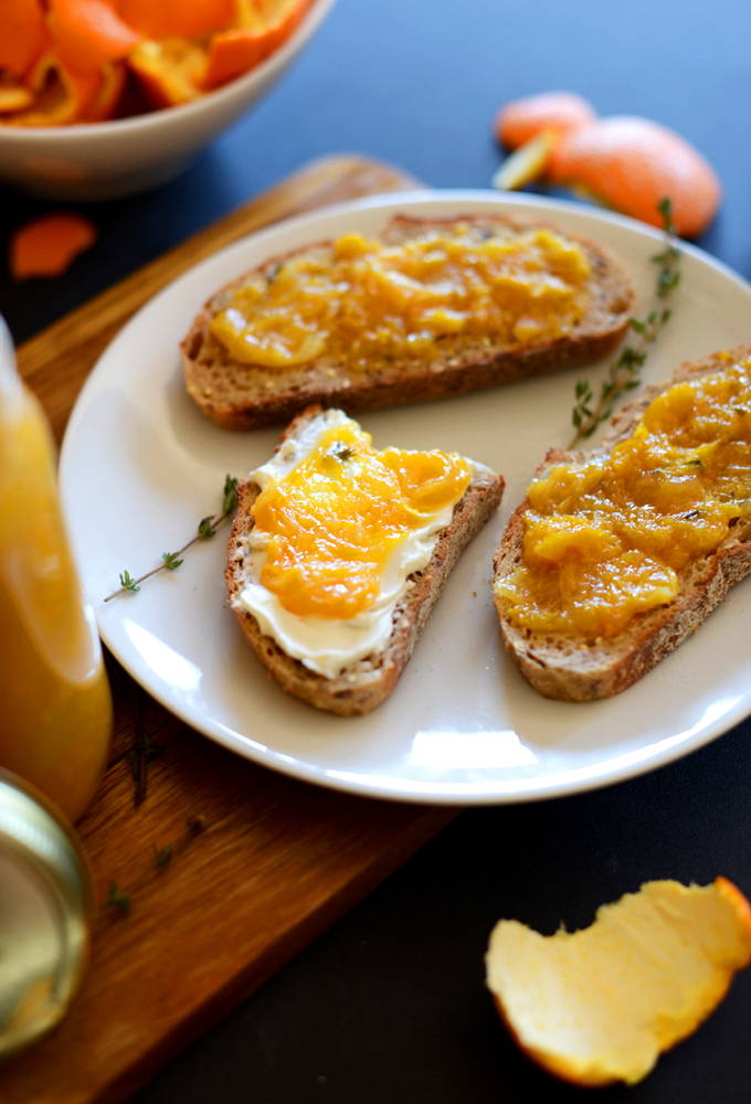 Plate with slices of toast covered with our delicious Orange Thyme Jam recipe