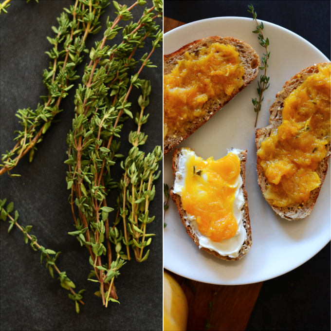 Fresh thyme leaves and slices of toast with Orange Thyme Jam
