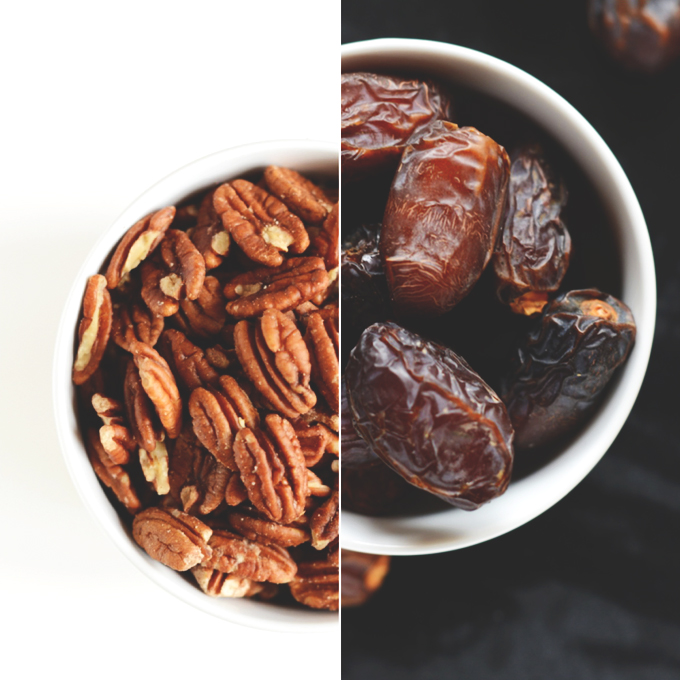 Bowls of pecans and dates for making Boozy Dessert Bars