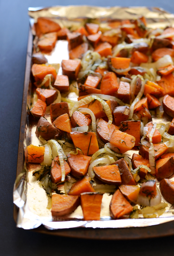 Freshly baked sweet potatoes, onions, and dill for our Sweet Potato Salad recipe