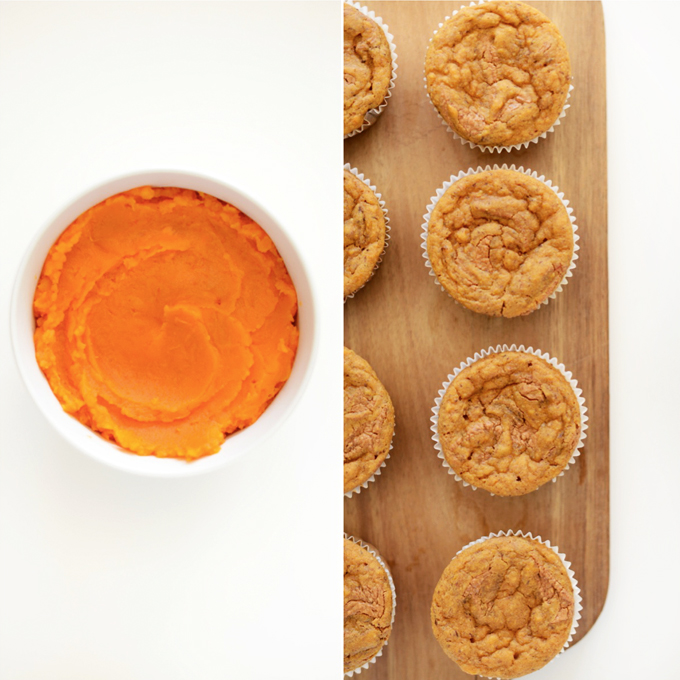 Bowl of sweet potato puree and cutting board with Almond Butter Muffins