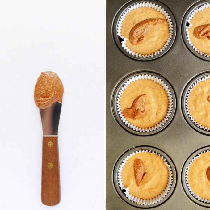 Muffin tin filled with ready-to-bake Sweet Potato Muffins topped with Almond Butter