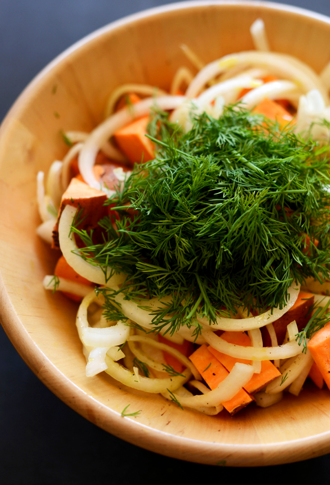 Bowl of our delicious Roasted Sweet Potato Salad recipe with fresh dill