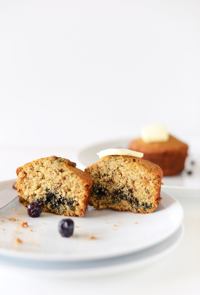 Showing the inside of one of our gluten-free vegan Blueberry Muffins for Two