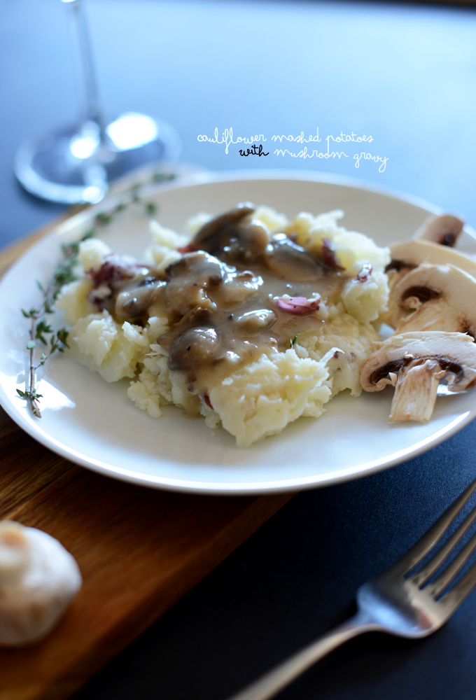 Plate of Cauliflower Mashed Potatoes with Mushroom Gravy for a delicious vegan meal