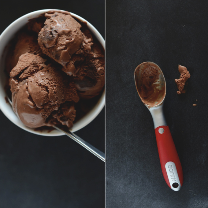 Bowl filled with gluten-free vegan Chocolate Brownie Ice Cream