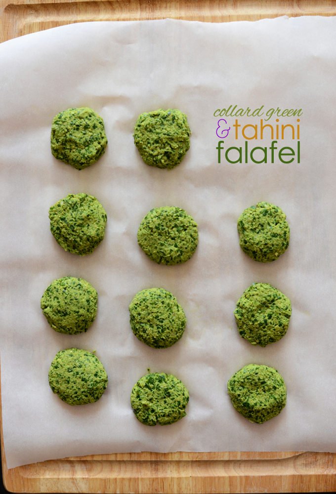 Parchment-lined cutting board filled with a batch of our Collard Green Tahini Falafel recipe