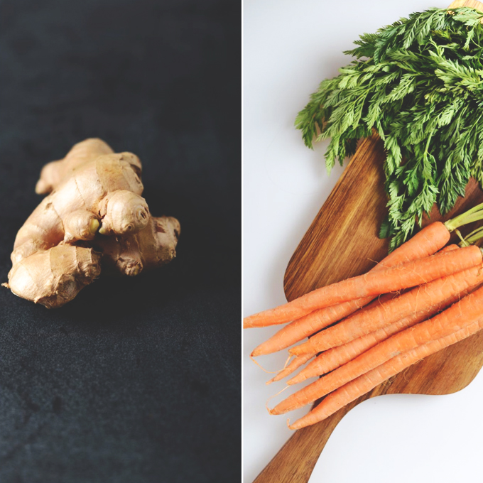 Fresh carrots and ginger for making homemade vegetable juice