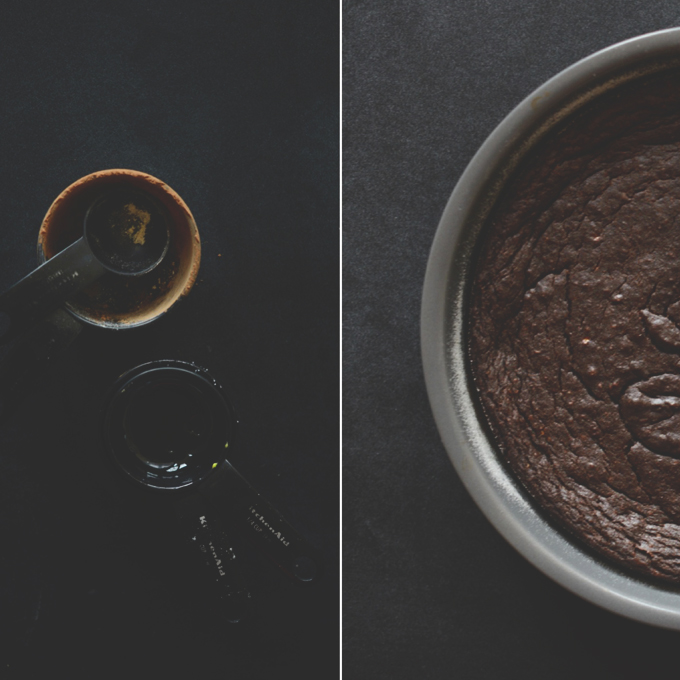 Empty measuring spoons and pan of homemade Gluten-Free Chocolate Cake
