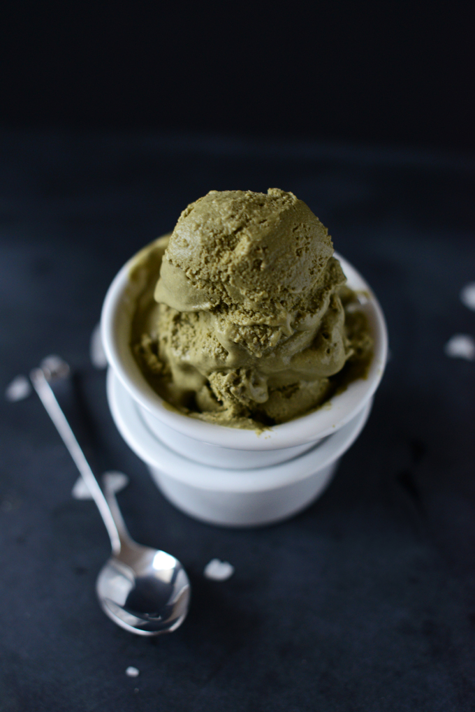 Scoops of homemade Green Tea Coconut Ice Cream in a bowl