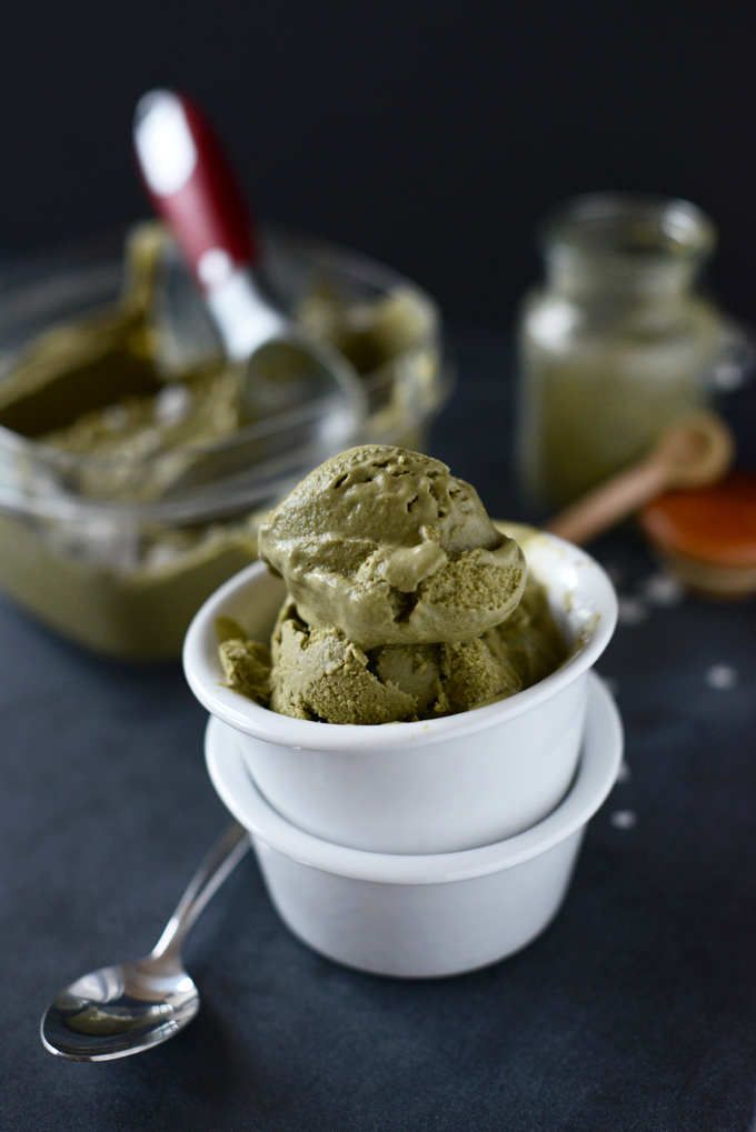 Bowl and tub of homemade vegan Green Tea Ice Cream