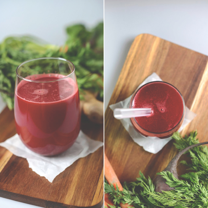 Glass of fresh homemade beet and carrot juice