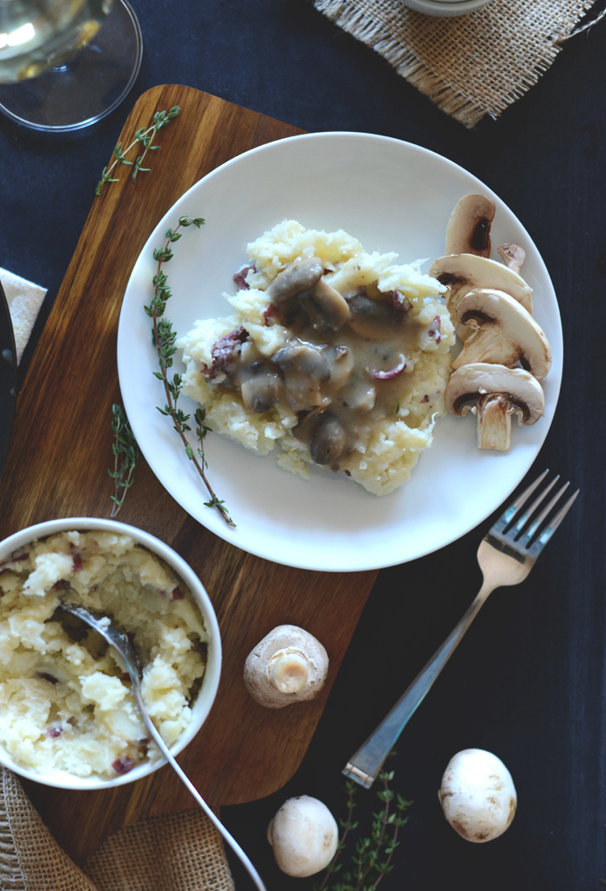 Plate of Mashed Cauliflower Potatoes with Simple Mushroom Gravy for Thanksgiving