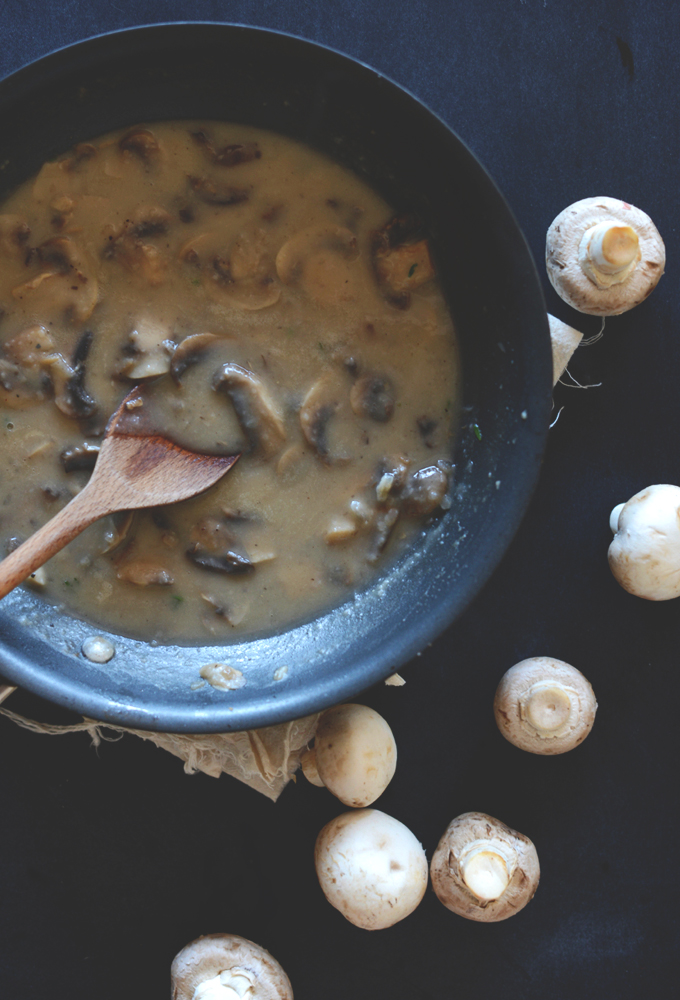 Skillet filled with a batch of our Mushroom Gravy recipe