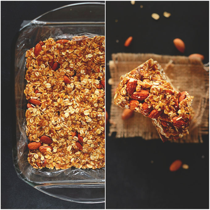 Baking pan and stack of simple healthy homemade granola bars