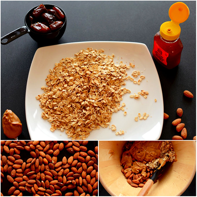 Oats, almonds, and peanut butter for making healthy granola bars