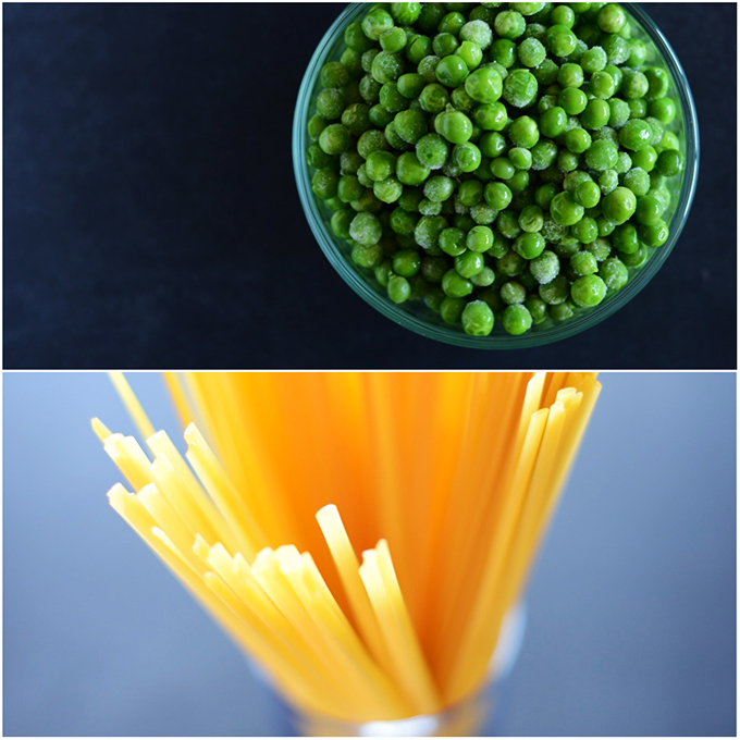 Green peas and spaghetti noodles for making Alfredo Pasta with Peas