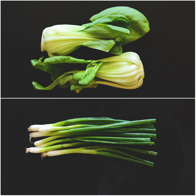 Baby bok choy and green onions for making Thai Sweet Potato Stacks