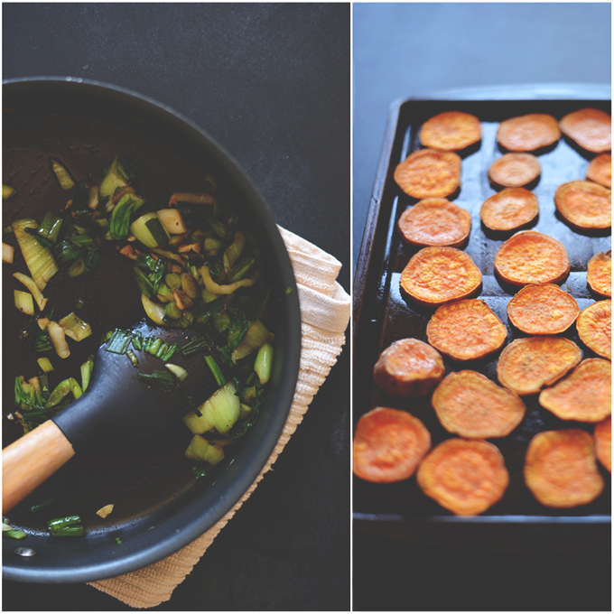 Cooking baby bok choy in a skillet and sweet potatoes on a baking pan