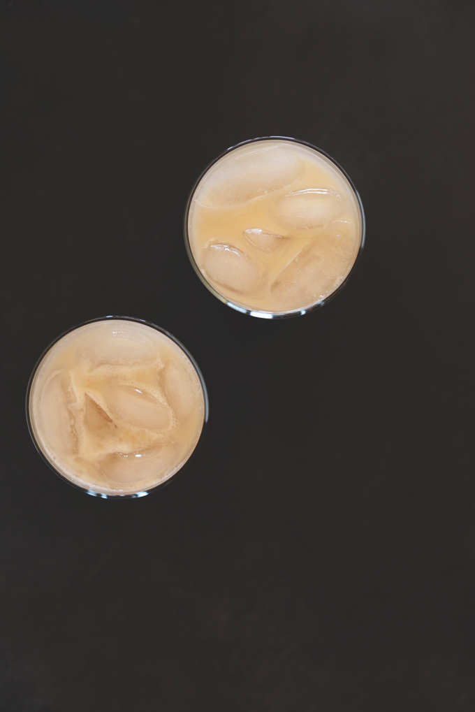 Top down shot of two glasses of our Vegan Boozy Horchata recipe