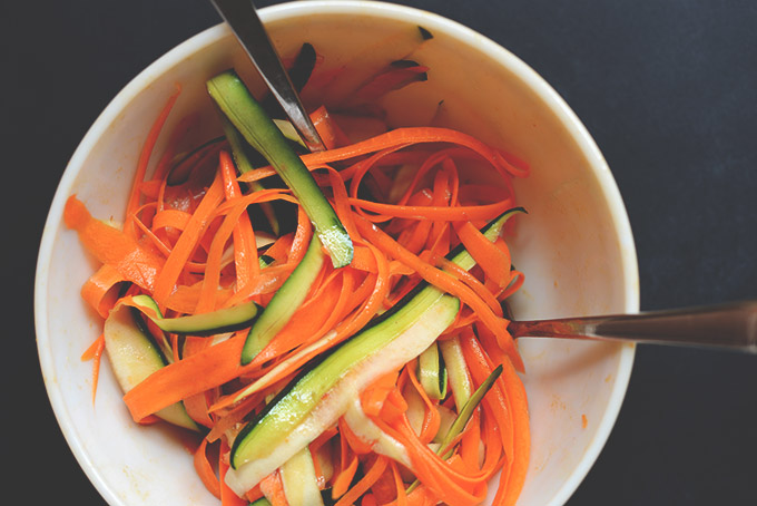 Bowl of Carrot and Zucchini Noodles made with a vegetable peeler