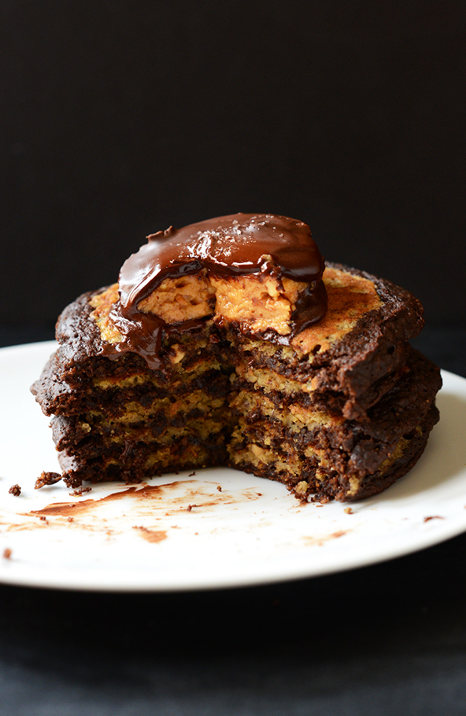 Stack of Chocolate Peanut Butter Cup Pancakes for a delicious gluten-free vegan breakfast