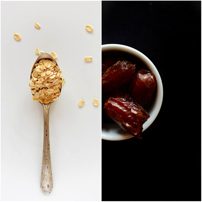Spoonful of oats and bowl of dates