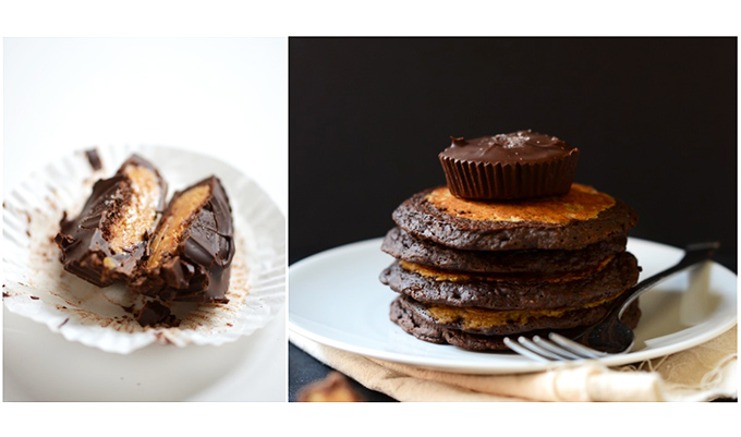 Stack of Peanut Butter Cup Pancakes topped with a peanut butter cup