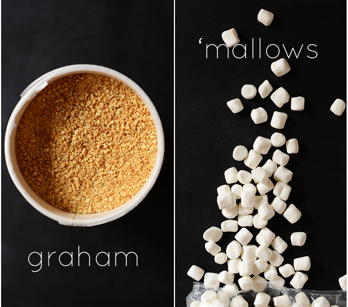 Crushed graham cracker pieces and marshmallows for making our Smores Rice Krispies recipe