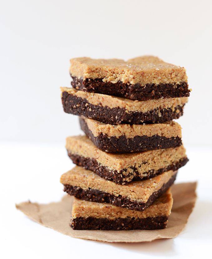 Stack of delicious vegan No-Bake Peanut Butter Brownie Bars