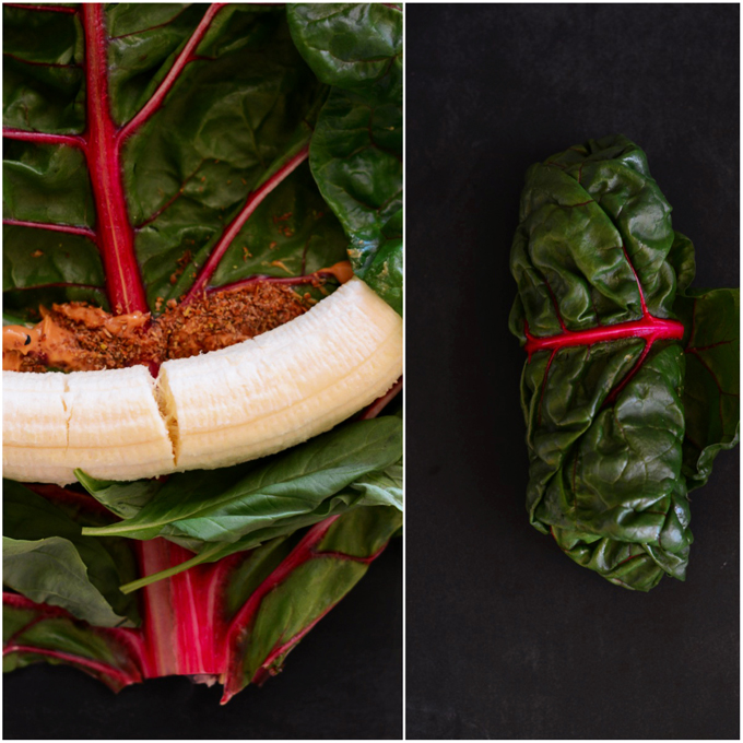 Rolling peanut butter and banana in a rainbow chard leaf for a simple snack