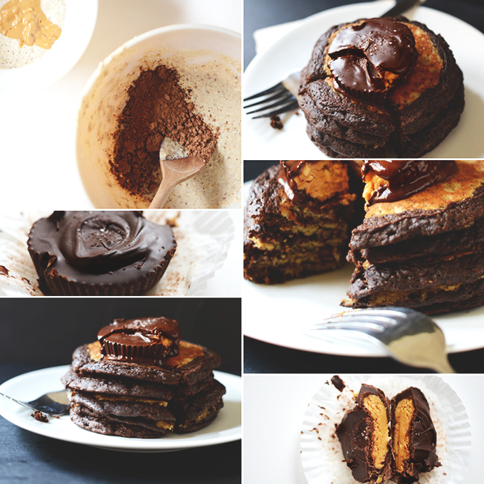 Series of photos of our Gluten-Free Vegan Peanut Butter Cup Pancakes recipe